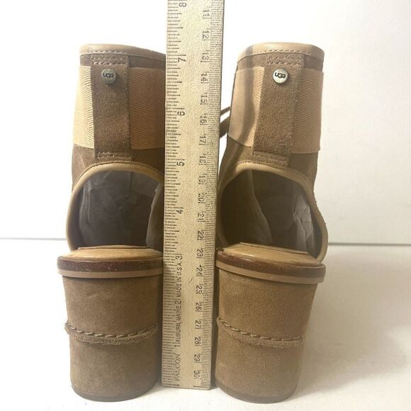 Ugg Womens 7 Brown Suede Peep Toe Ankle Bootie Sling Back Comfort Heels Tie Shoe - Picture 8 of 10